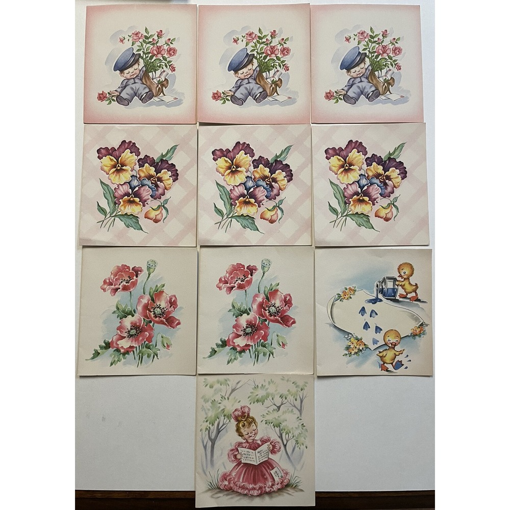 Vtg 10 Small Blank Note Cards & Envelopes Florals Little Boy Ducks Kitschy Cute